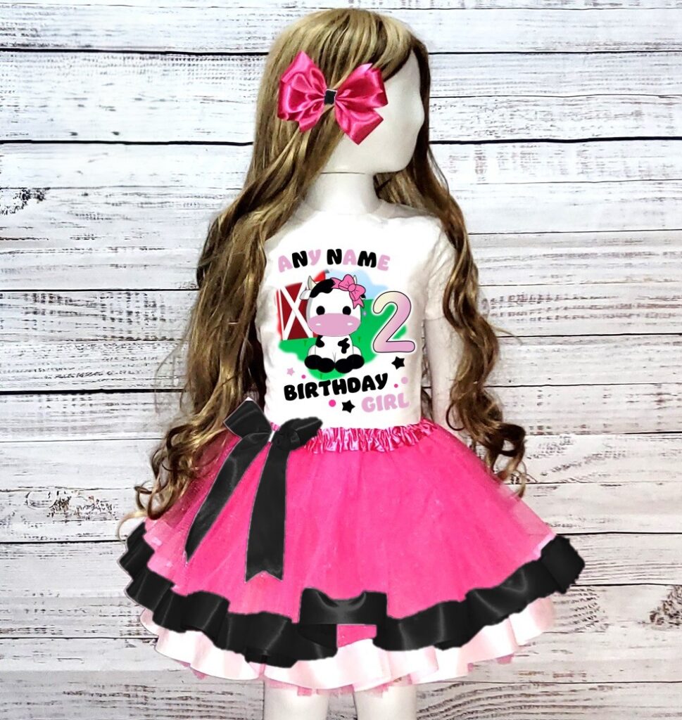 Personalized Custom Name Handmade Birthday Cute Farm Cow Pink Black White Double Trim Ribbon Tutu Outfit Dress Set