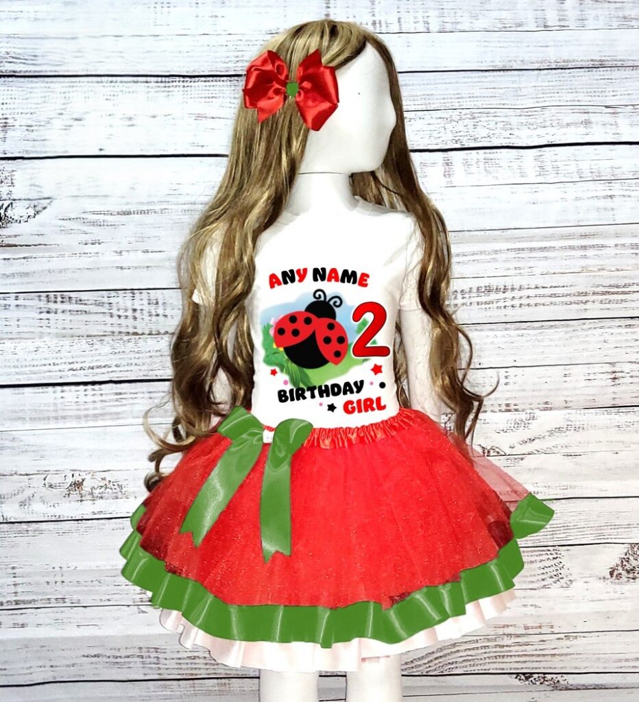 Personalized Custom Name Handmade Birthday Cute Ladybug Red Green Pink Double Trim Ribbon Tutu Outfit Dress Set