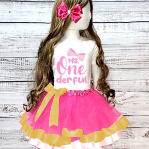 Personalized Custom Name Handmade Birthday Ms Onederful Pink Gold White Double Trim Ribbon Tutu Outfit Dress Set