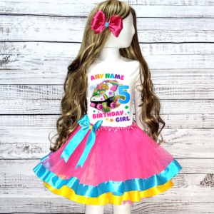 Personalized Custom Name Handmade Birthday Roller Blades Skates Pink Blue Yellow Double Trim Ribbon Tutu Outfit Dress Set